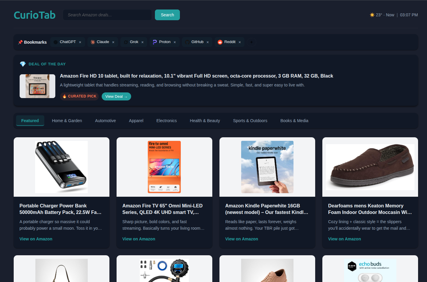 CurioTab new tab with Deal of the Day and featured Amazon deals